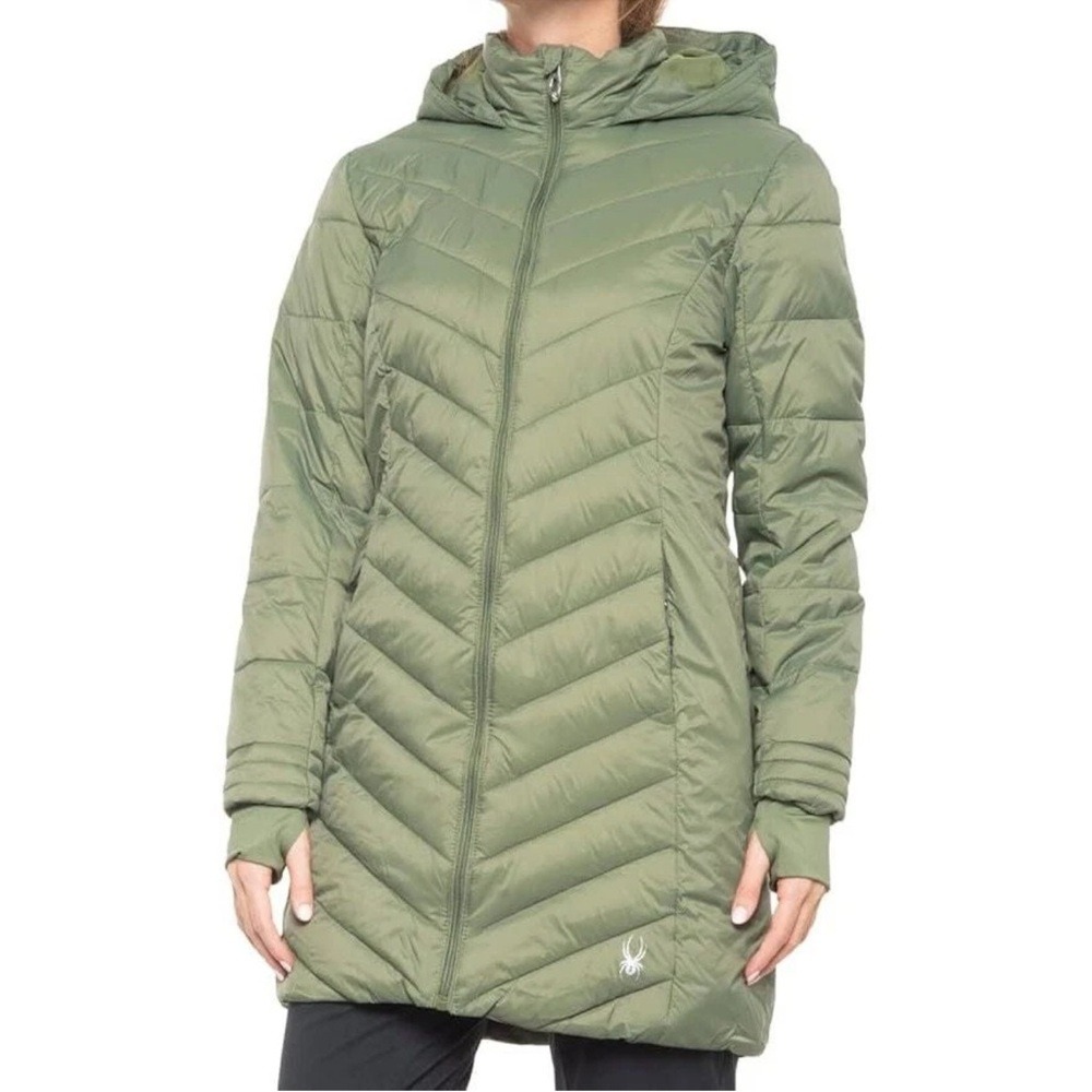 Spyder Womens Sage Green Hooded Puffer Jacket Chevron Quilted Size Small